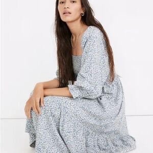 Madewell Smocked Lucie Dress in Blue/White Floral